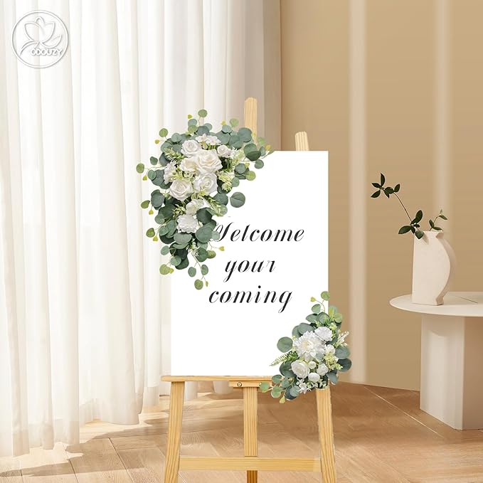 Odouzy Artificial Wedding Arch Flowers for Wedding Sign,Set of 2 for Wedding Welcome Ceremony Sign,Faux Floral Swags,Wedding, Banquet and Reception Backdrop Floral Decoration (White)