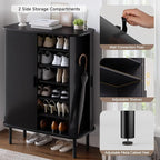 ONBRILL 6-Tier Shoe Cabinet with Sliding Door, Wooden Shoe Storage Cabinet with Adjustable Shelves, Mid-Century Modern Freestanding Shoe Storage Organizer for Entryway, Hallway, Living Room, Black