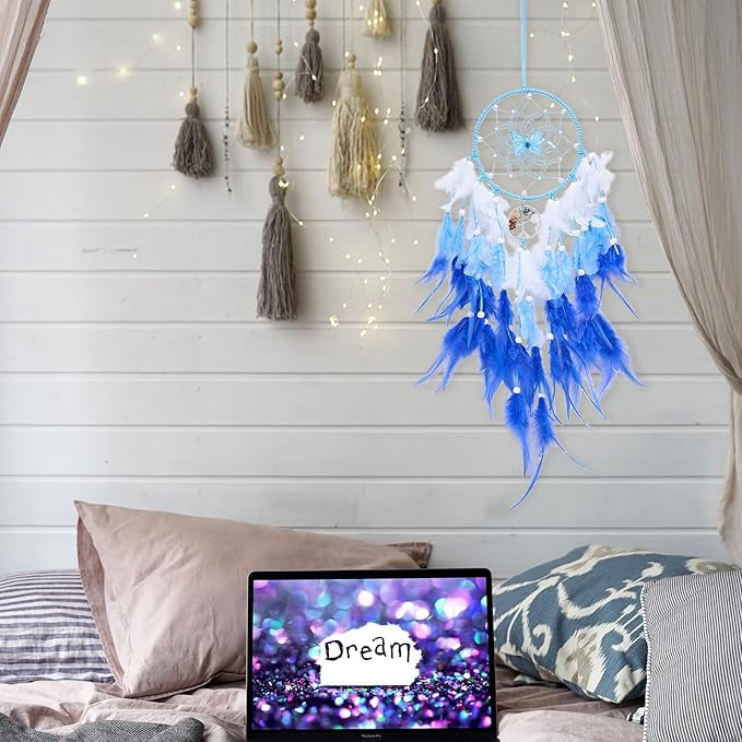 Dreamlike Butterfly Tree of Life Dream Catcher Wall Decor Blue Dream Catcher with Crystal Stone Handmade Feather Dreamcatchers Home Decor Wall Hanging for Girls Bedroom Wedding Craft Gift-29.5"