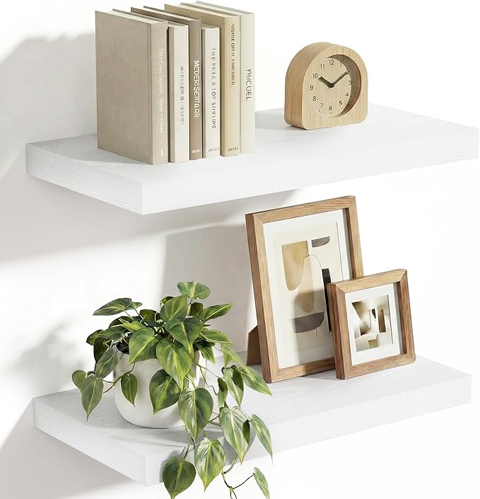 Vivelove 10 in Deep Floating Shelves for Wall, 16" x 10.2" x 1.5" Shelves for Room Wall Mounted, 1.5 Inch Thick Shelf for Bathroom Bedroom Kitchen Book Room, Modern Farmhouse Decor, Set of 2, White