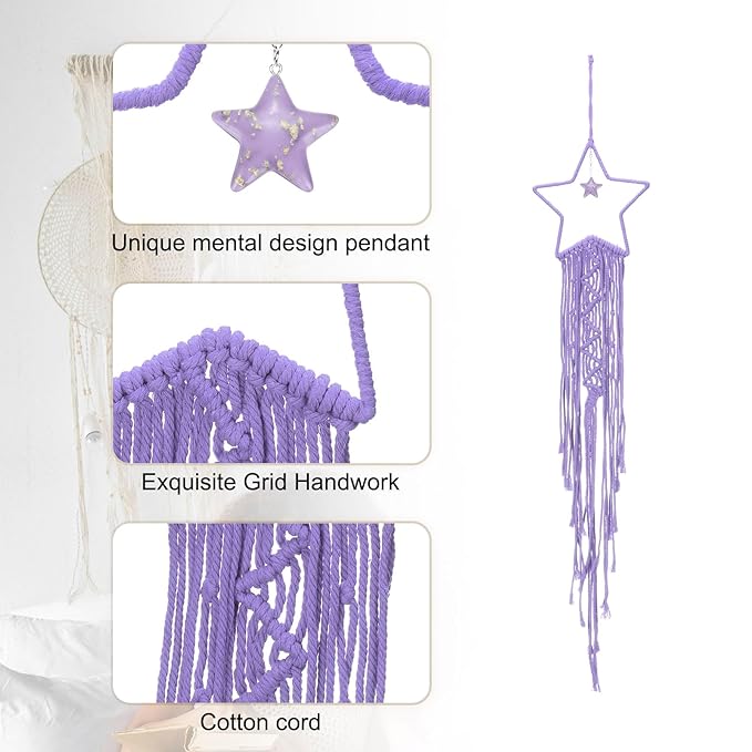 MECCANIXITY Macrame Dream Catchers, Purple Handmade Star Design Woven Cotton Dream Catcher Wall Hanging for Home Bedroom Decoration Ornament Craft Gift