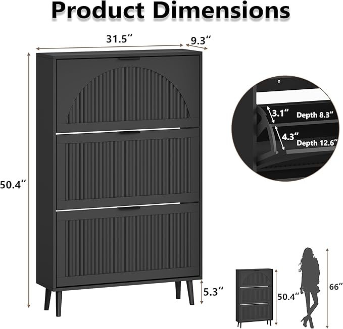 Shoe Cabinet for Entryway with 3 Flip Drawers, Slim Wooden Shoe Storage Organizer with Modern Fluted Pannel，Freestanding Narrow Hidden Shoe Rack for Hallway, Foyer, Living Room