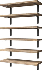 WOPITUES Wood Floating Shelves Set of 6, Shelves for Wall Decor, Farmhouse Shelf for Bedroom, Bathroom Storage Shelves, Book Shelves for Living Room - Rustic Brown