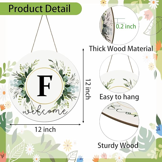 Monogram Letter F Wreaths for Front Door Wreath Wooden Welcome Sign for Front Door Decor Floral Family Last Name Initial House Warming Spring Summer Porch Rustic Wall Home Kitchen Boho Decorations