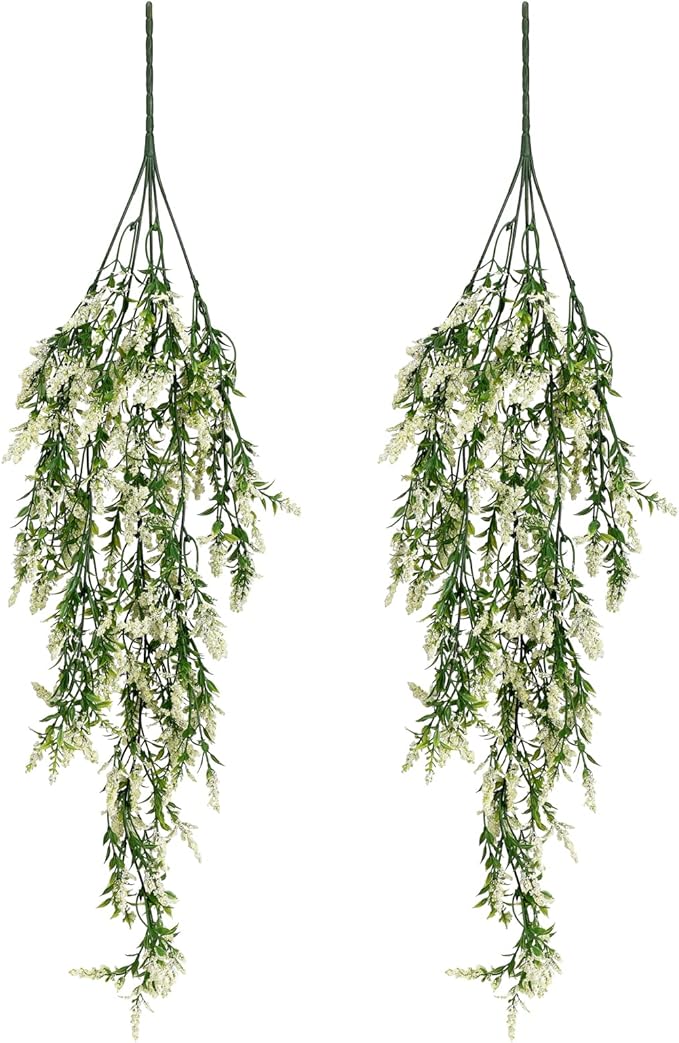 2 Pcs Artificial Lavender Teardrop Rattan, Spring Summer Front Door Hanging Floral Swags for Wall Basket Filler, Garden Home Easter Decoration-28.7in(White)