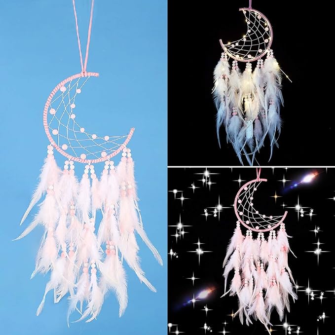 Dream Cathers Wall Decor, Crosszen Handmade Dream Catchers for Girls Kids with Pink Feather, Native American Dreamcatcher for Bedroom Home Decor Wall Hanging Ornament Craft