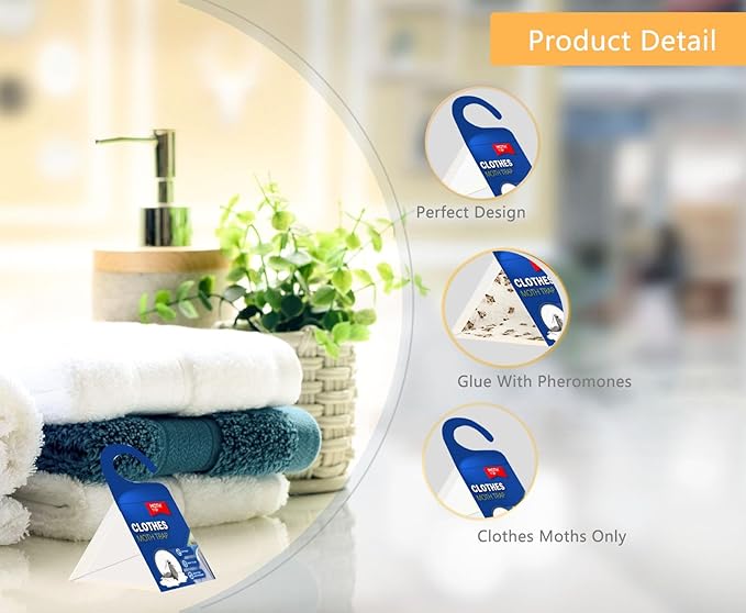 【𝐇𝐢𝐠𝐡𝐥𝐲 𝐄𝐟𝐟𝐞𝐜𝐭𝐢𝐯𝐞】 Clothes Moth Traps with Extra Strength Pheromone Attractant -NonToxic Sticky Glue for Closet and Carpets Bearing Webbing Moths, 6 Pack
