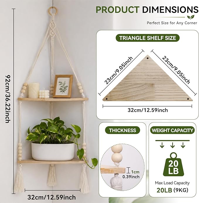 Artilady Macrame Wall Hanging Corner Shelf 2-Tier, Adjustable Boho Stable Shelves Display for Indoor Plants Candle Holder, Rustic Bedroom Living Room Home Decor (Beige Weave 2-Tier)