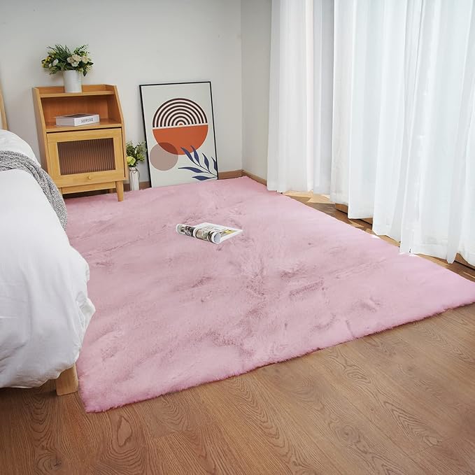 Ghouse Pink Faux Rabbit Fur Rug 6x9 Machine Washable Area Rugs for Bedroom Fluffy Rugs for Living Room No-Shedding Carpet Sheepskin Rug