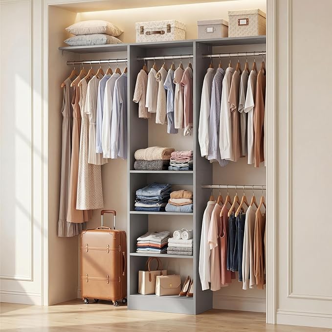 Cyclysio 4FT Small Closet System, 80"H Closet Organizer System with 4 Closets Rods & 3 Shelves, 48" Closets Organizers and Storage for Small Bedrooms, Laundry Rooms, Cloakrooms, Grey
