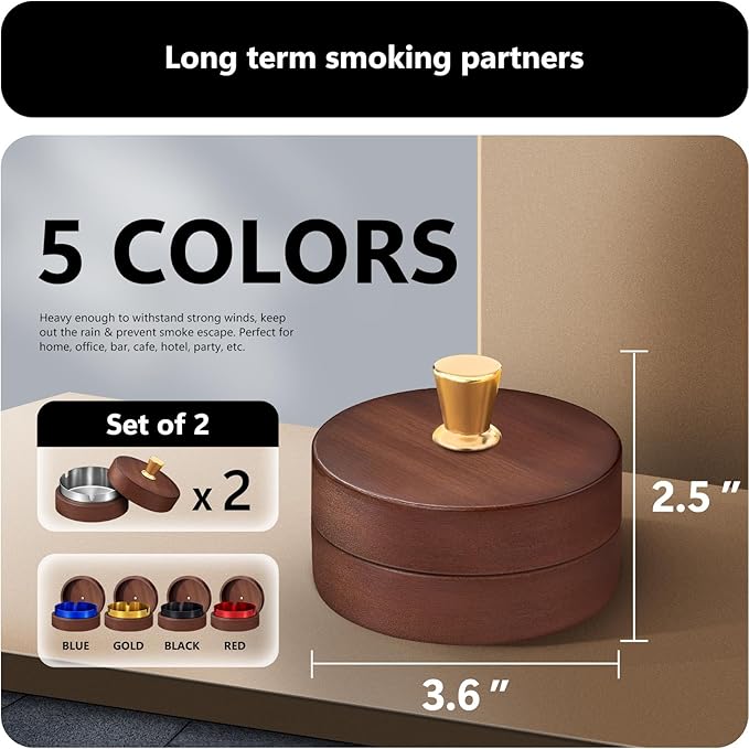 roygra Wooden Ash Tray with Lid (2 Pack), Outdoor Ashtray for Outside Patio, Smokeless Ashtrays for Cigarettes with 3 Holder, Smoking Accessories, Home Décor, Ashtrays for Smokers Indoor - Blue