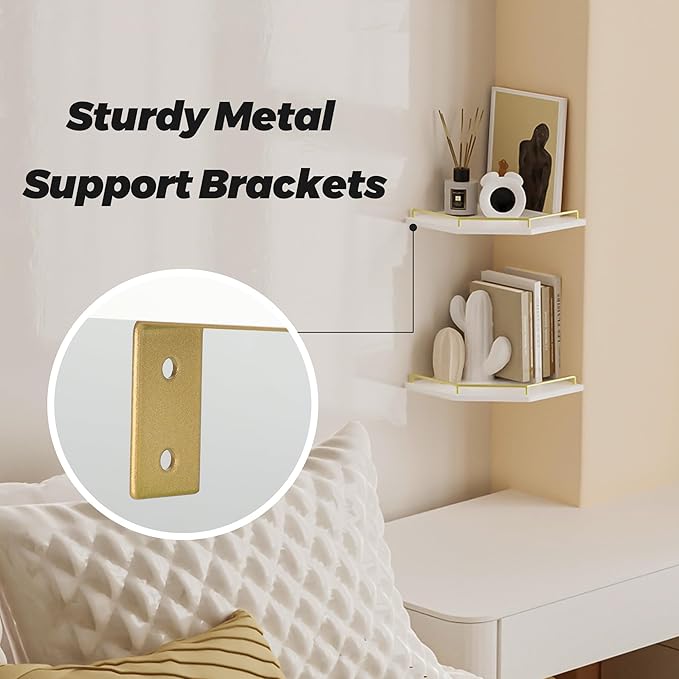 Tirzah White Wall Mount Corner Shelf with Gold Metal Guardrail, 2-Tier 9.5-inch Diamond-Shaped Wood Corner Floating Shelves for Home Decor Kitchen Organizer
