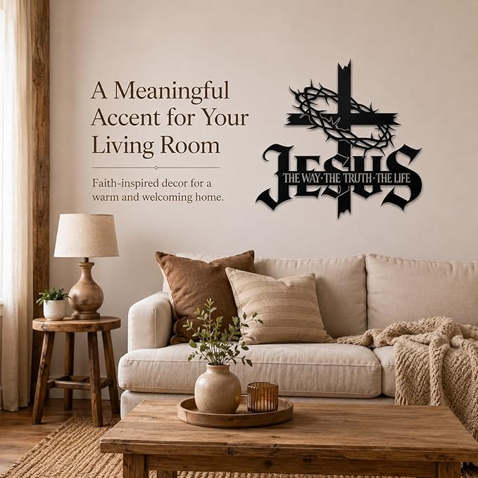 Jesus Wall Art Cross Wall Decor with Crown of Thorns - Metal Christian Wall Art "The Way The Truth The Life" Sign, Black Iron Religious Wall Art & Christian Wall Decor for Home Living Room Church(15.7"L x 15.2"W)