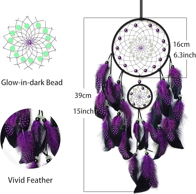 Purple and Black Dream Catcher Wall Decor Feather Dream Catchers with Luminous Bead Handmade Dreamcatcher Wall Hanging Ornament for Bedroom Living Room Home Decor