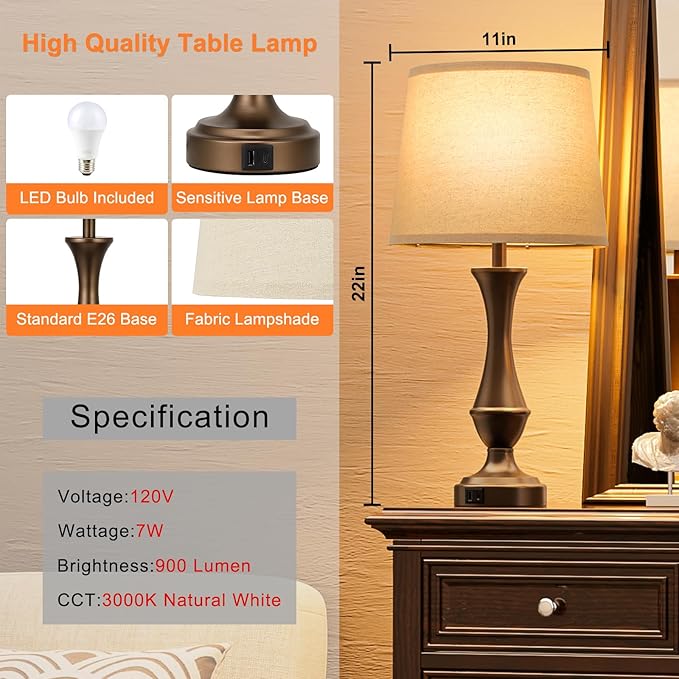 Seealle Touch Lamps for Nightstand, 3 Way Dimmable Table Lamp with USB C+A | bedside brown metal base for bedroom living room touch control LED bulb reading corded