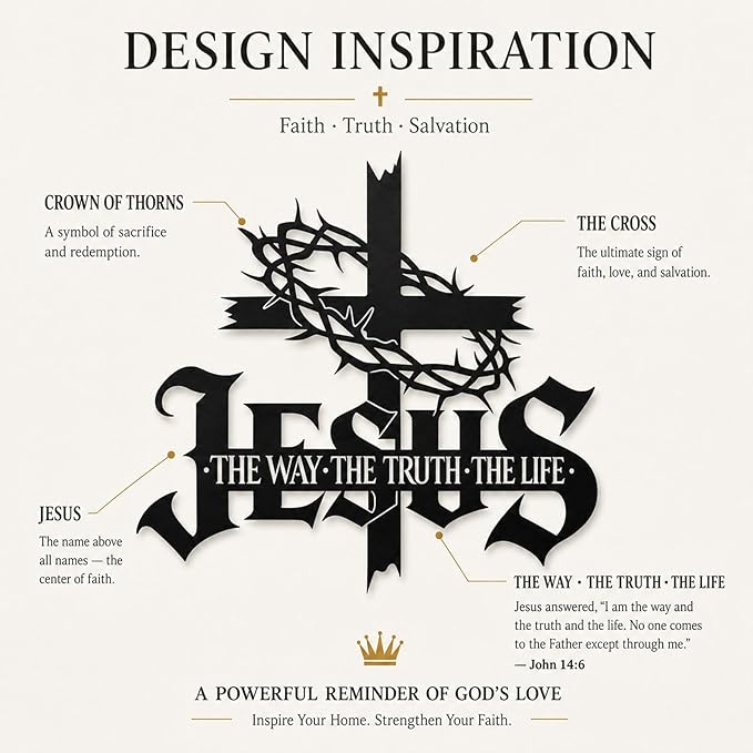 Jesus Wall Art Cross Wall Decor with Crown of Thorns - Metal Christian Wall Art "The Way The Truth The Life" Sign, Black Iron Religious Wall Art & Christian Wall Decor for Home Living Room Church(15.7"L x 15.2"W)