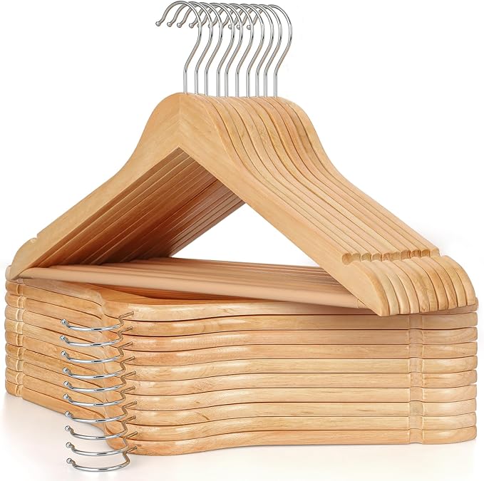 TOPIA HANGER Wooden Coat Hanger 20 Pack, Natural Wood Suit Hangers with Non Slip Pants Bar, 360° Swivel Hook and Shoulder Notches for Camisole, Jacket, Pants, Smooth Finish-CT34N20