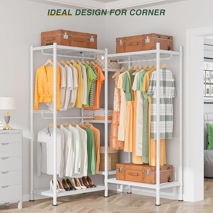 LEHOM G6M Heavy Duty Clothes Rack for Hanging Clothes, Portable Garment Rack Compact Size Closet Organizer, Freestanding Metal Clothing Rack Wardrobe Closet with Storage Shelves for Bedroom, White