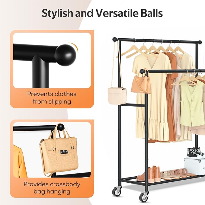 MISSLO Double Rods Garment Rack Heavy Duty Clothing Rack for Hanging Clothes Portable Clothes Organizer for Bedroom, Living Room, Clothing Store (Black with wheels)