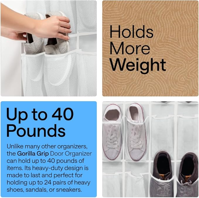 GORILLA GRIP Over the Door Shoe Organizer, 2 Pack, 24 Breathable Mesh Pockets, Space Saving Hanging Storage Holder, Closet Rack Hanger Holds Up to 40 lbs, Hangs on Closets, Shoes, Accessories, White