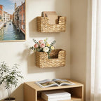 Hanging Magazine Basket for Mail Book File - Woven Wall Magazine Holder Storage for bathroom Kitchen Office - Water Hyacinth Farmhouse Storage