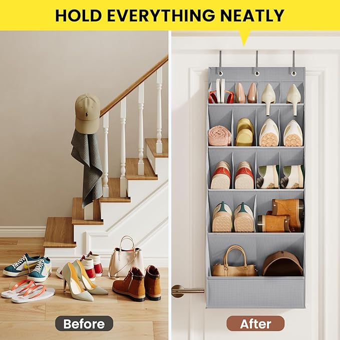 15 Pockets Over the Door Shoe Organizer, Shoe Rack for Closet Door with Large Breathable Pockets, Hanging Shoes Rack for Boots Size, Behind the Door Organizer Shoe Holder for Flexible Storage, Grey ﻿