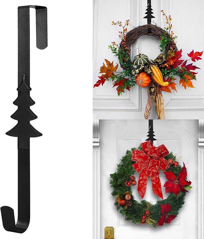 Wreath Hangers for Front Door,15" Sturdy Metal Wreath Doors Hangers,Over The Door Hooks for Front Porch Decor,Garland Hooks Holders for Halloween Christmas Decorations (Black Christmas Tree, 4 Pack)