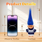 Retro Vintage Lucky Troll Dolls Assorted Hair Colors Chromatic Adorable for Collections, School Project, Arts and Crafts, Party Favors (Blue)