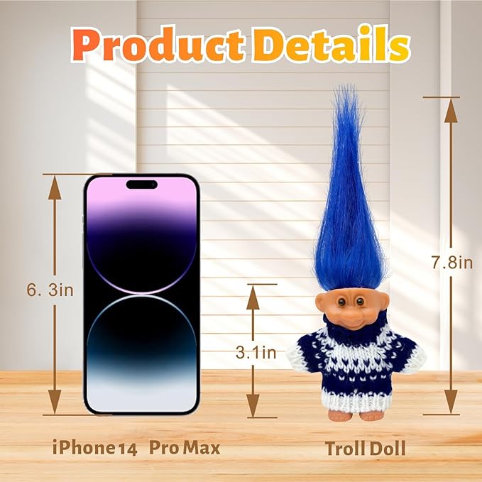 Retro Vintage Lucky Troll Dolls Assorted Hair Colors Chromatic Adorable for Collections, School Project, Arts and Crafts, Party Favors (Blue)