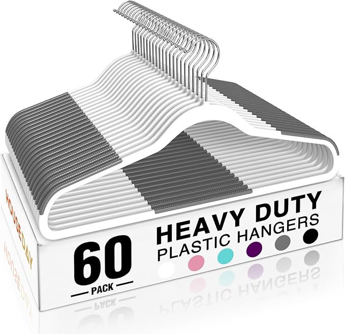 HOUSE DAY Heavy Duty Plastic Hangers 60 Pack, Non Slip Clothes Hangers with Rubber Pads and 360° Hook - Thin 0.2 Inch, Space Saving Coat Hanger White, Closet Organizer for Shirt, Pants, Suit, Skirt