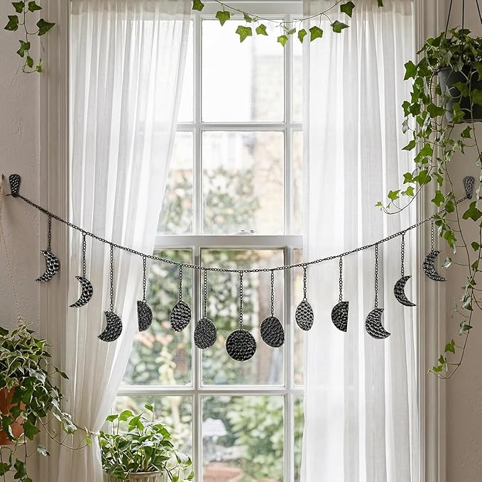 opulinea Moon Phase Garland Black Gunmetal Hammered Metal - Celestial Boho Wall Hanging Decor Moon Phases Ornament for Bedroom Aesthetic Above Bed Living Room Home Decor
