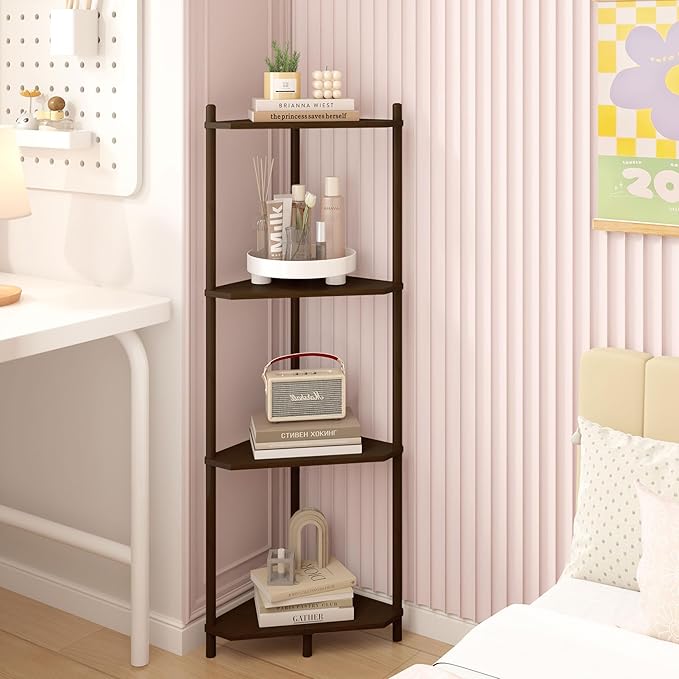 Wisuce Corner Shelf Stand - 4 Tier Walnut Bamboo Small Corner Bookshelf for Office Kitchen Bedroom Plant Stand Living Room Decor Small Space