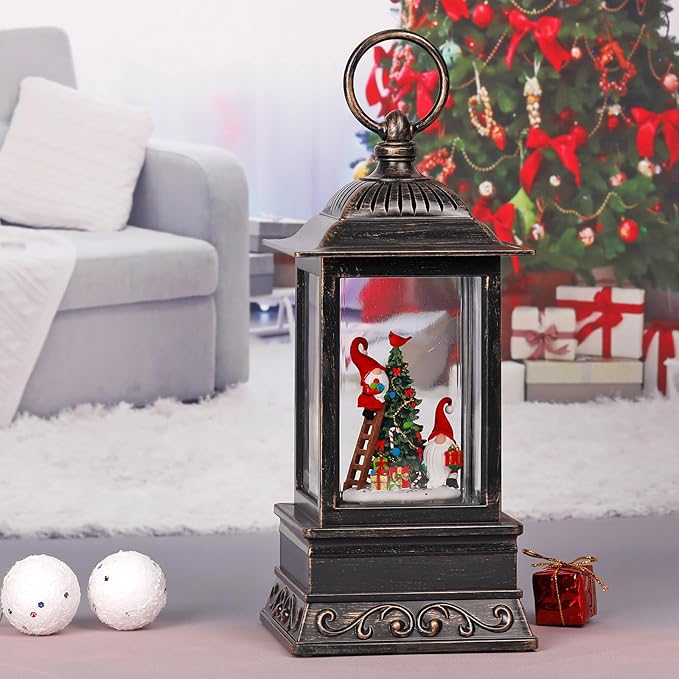 Christmas Snow Globe Decorations, Musical Glitter Red Gnome Lantern with 6H Timer, USB/Battery Powered Lighted Décor for Home, Tabletop, Gift Box