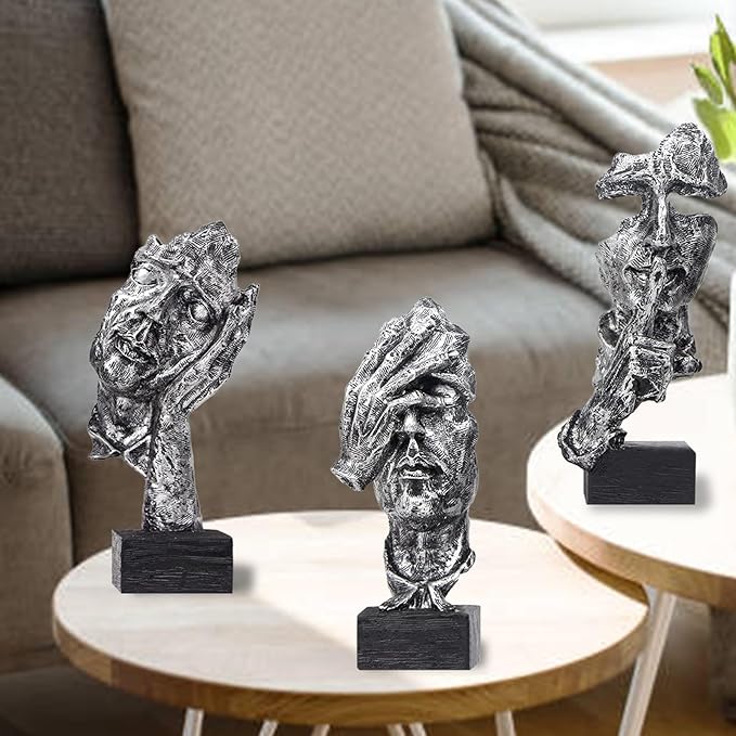 aboxoo Large Size 3 Pcs Thinker Statue, Silence is Gold, See No Evil Hear No Evil Speak No Evil Statues, Modern Resin Sculptures Decor for Living Room, Home, Office Study (Silver)