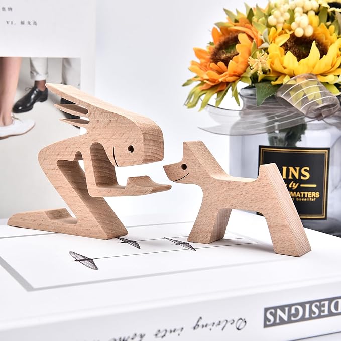 ISHINE Wood Decor Wooden Statue Man and Dog Figurine Handmade Carved Creative Home Office Gift for Men Women Accents Decoration Natural ECO Friendly 7x3 inches (A-Woman Kisses Dog)