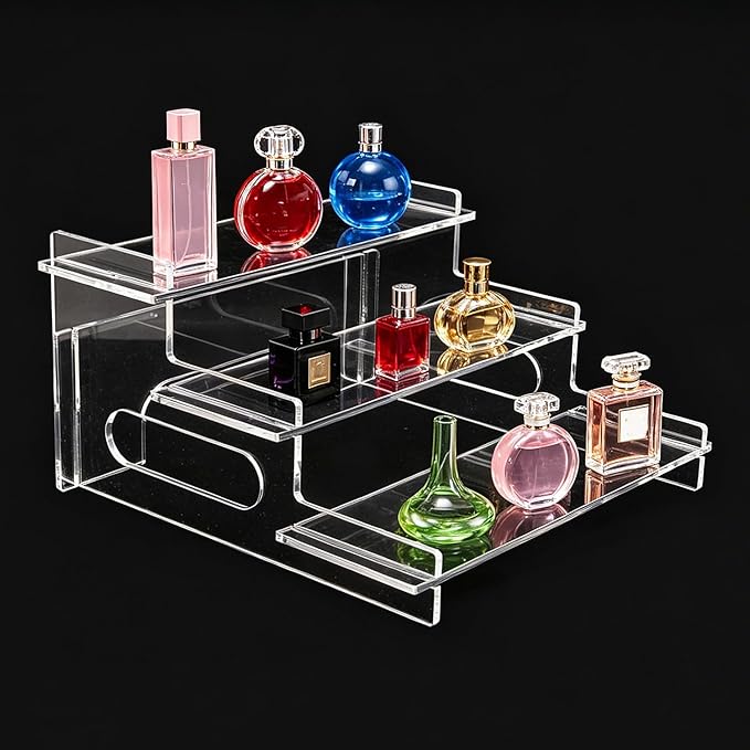 Clear Acrylic Display Risers – 3-Tier Shelf Stand for Cupcakes, Perfume, Figures, Collectibles & Desserts – Decorative Organizer for Party, Vanity, or Retail Display(Small)