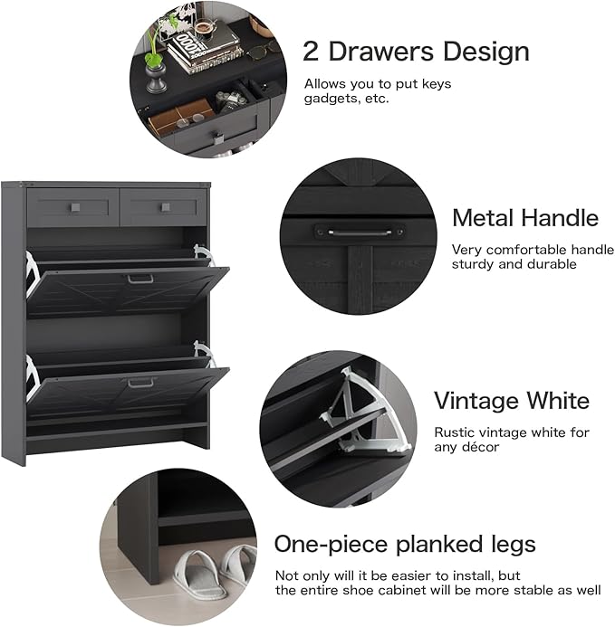 Shoe Cabinet with 2 Flip Drawers & 2 Drawers,Farmhouse Shoe Storage Cabinet for Entryway,Slim Freestanding Narrow Organizer Rack for Front Door Entrance,Black