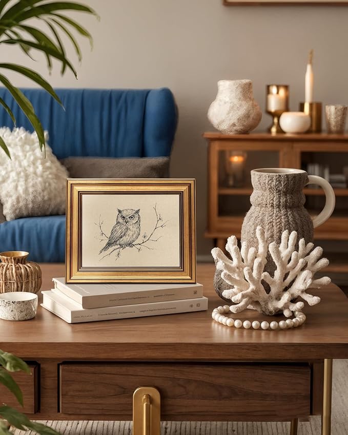 VIYYIEA Vintage Gold Framed Wall Art for Living Room, Owl Canvas Prints Home Decor, Sketch Painting Picture, Bedroom Wall Decor Gifts for Friends or Family -【Owl】-(10L x 8W)