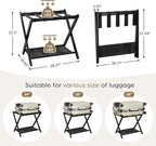 26.77" Full Assembled Luggage Rack for Guest Room, Set of 1 Bamboo Foldable Suitcase Stand, Bedroom & Hotel, Folding Luggage Holder with 5 Nylon Straps, 600D Oxford Fabric Shelf Black