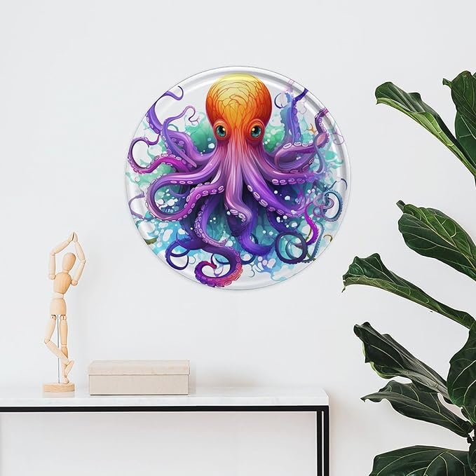 Wall Picture, with Colorful Octopus Printed Circular Iron Hanging Picture,Wall Art Decor,Home for Bedroom Living Room Bathroom Decor,Iron Painting 11.8X11.8 in