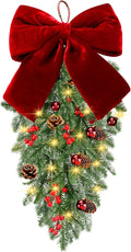 Yunlly 24" Pre Lit Christmas Teardrop Swag Battery Operated Christmas Red Bowknot Swag with Lights, Pine Cones, Pine Branches, Xmas Wreath Garland Ornament for Indoor Outdoor Home Hanging Decor