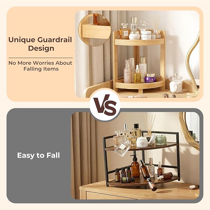 2026 New Bamboo Standing Shelf, 2 Tier Corner Shelf Stand, bathroom counter/sink organizer, Triangular Curved Corner Shelf Stand for Space-Saaving Display Ideal for Bathroom/Kitchen/Living Room
