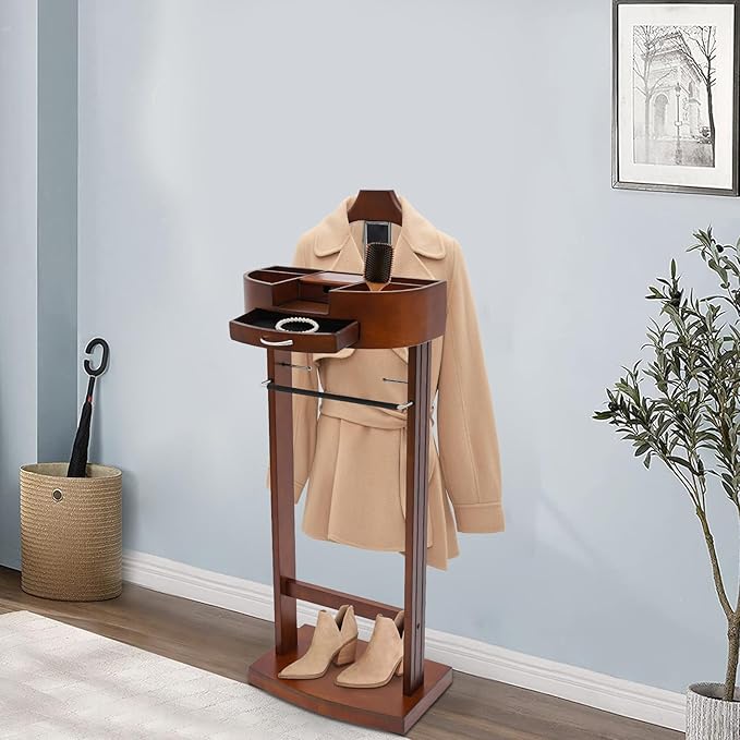 Wood Suit Rack, 22.05 Lbs Wooden Clothes Valet Stand, Freestanding Clothing Valet Stand Suit with Multi-compartment Tray & Drawer for Bedrooms Living Rooms Hallways (Brown)