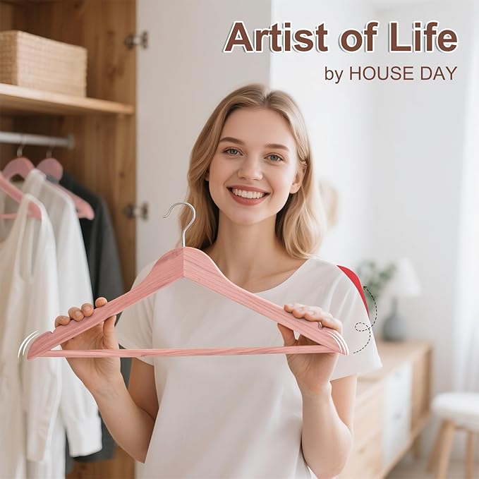 HOUSE DAY Cedar Hangers for Closet, Smooth Cedar Wood Hangers 10 Pack with Rings, 360° Swivel Hook, U-Shape Notched, Non Slip Pant Bar, Sturdy Wooden Clothes Hanger for Coats, Dresses, Suits