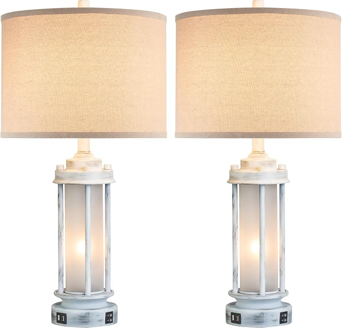 AIEAMPDO 25" Rustic Table Lamps Set of 2, Vintage Nightstand Lamps with 2 USB Ports, Farmhouse Antique White Desk Lamp with Glass Night Light for Living Room Bedroom Dorms, 4 Bulbs Included