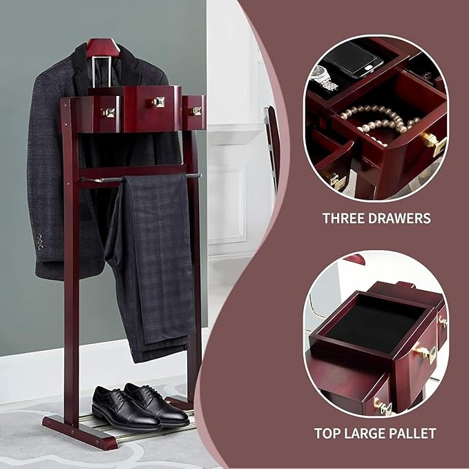 Suit Valet Stands with Hanger, Pant Hanger and Metal Shoe Rack Wood Modern Standing Hanger with Storage Organizer Clothing Rack for Entryway, Bedroom, Office Suit Stand(Standing Dark Brown)