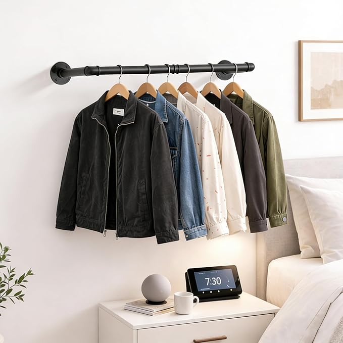 Svyrilk Industrial Pipe Clothes Rack 38.4" Wall Mounted, Heavy Duty Iron Garment Bar, Space-Saving Hanging Rod for Closet, Laundry Room, Bedroom, Black