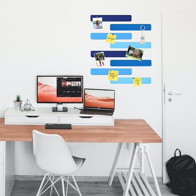8Pcs Rectangle Felt Cork Board Bar Strips with 35 Pushpins, Self-Adhesive Bulletin Board Strips for Office School Home Wall Decor Stickers Memos Schedules Photos Display -Gradual Blue