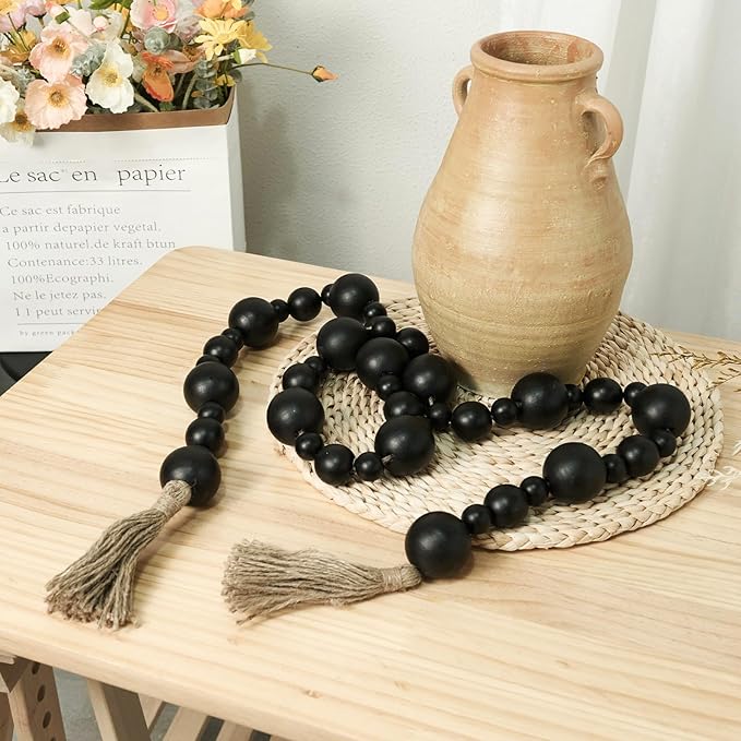 2" Extra Large Wood Bead Garland with Tassels, 75" Long Rustic Farmhouse Wooden Beads Garland, Decorative Beads Boho Decorations for Home Table Mantle Black