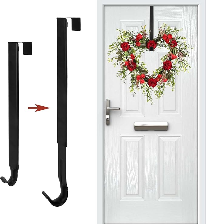 Wreath Door Hanger, Black Wreath Hanger for Front Door, Adjustable Wreath Hanger from 15 to 25 Inches Wreath Hangers, Metal Doors Wreath Hangers for Christmas, Spring, Easter Decorations Wreaths